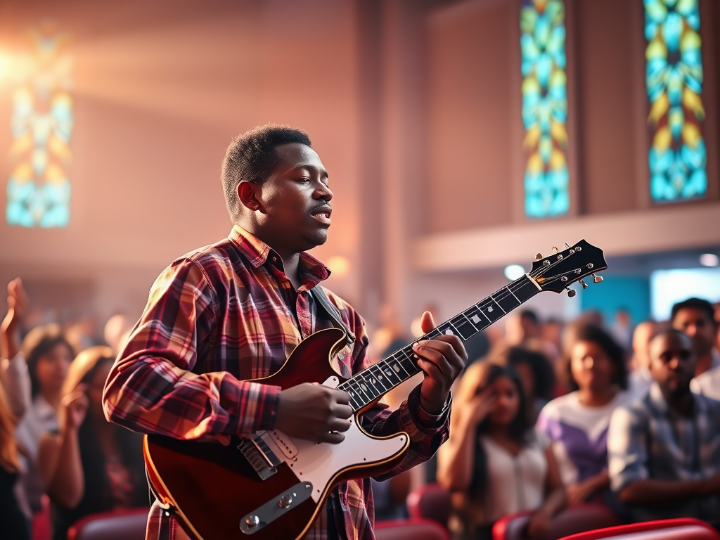 man playing gospel guitar at church